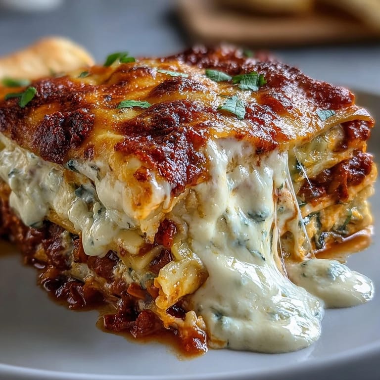 A close-up slice of One-Pan Smoky Veggie Lentil Lasagne reveals smoky lentil bolognese and creamy béchamel layers.  