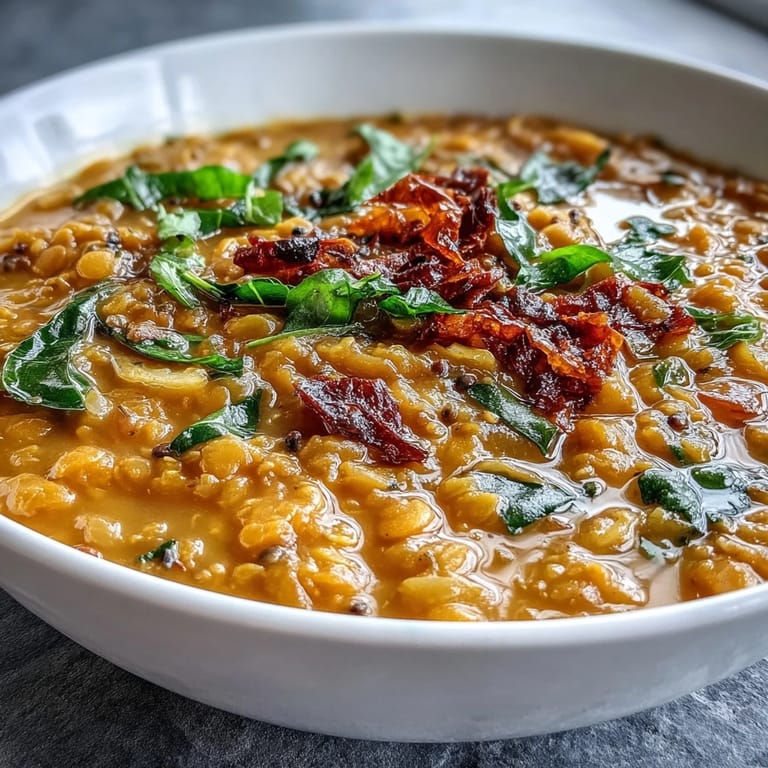 Vibrant red lentil dhal with cumin-roasted cauliflower, served in a rustic bowl for a hearty vegan meal.  