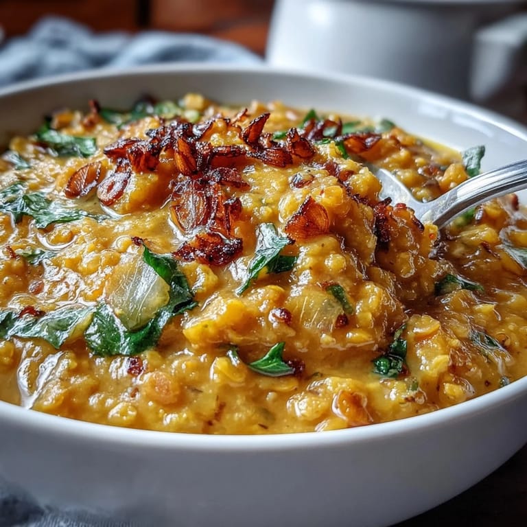 Aromatic Indian dhal with tender lentils and spiced cauliflower, drizzled with lemon and fresh cilantro garnish.