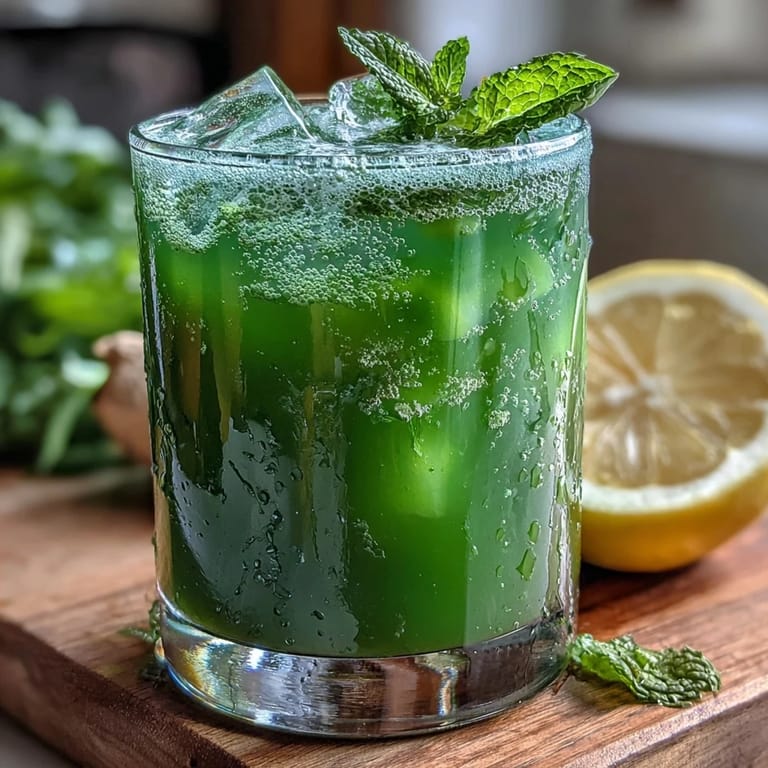 Vibrant Celery Ginger Lemon Juice served over ice in a mason jar, with fresh celery, ginger, lemon slices, and mint sprigs beside it.