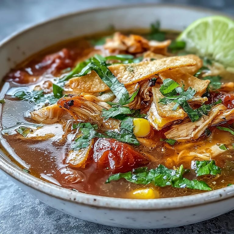 Hearty Best Chicken Tortilla Soup with shredded chicken, fire-roasted tomatoes, sweet corn, and zesty lime, served with lime wedges on the side.