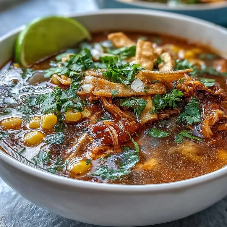 A vibrant bowl of Best Chicken Tortilla Soup, garnished with chopped cilantro, sliced avocado, and crunchy tortilla strips next to a colorful spoon.