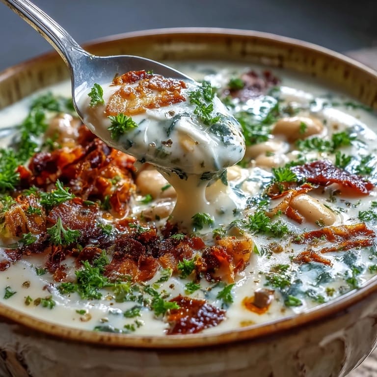 Velvety Creamy Tuscan White Bean Soup topped with fresh basil and a drizzle of olive oil for serving.