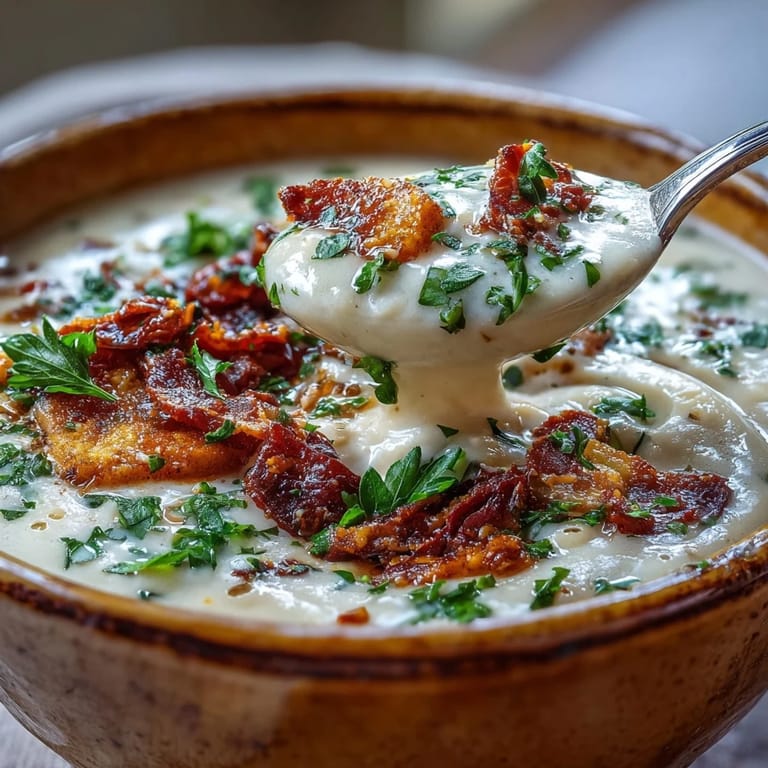 Homemade Creamy Tuscan White Bean Soup blended smooth with sun-dried tomatoes, served with crusty bread for dipping.