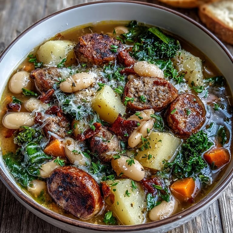 Steaming hot Tuscan White Bean Sausage Soup featuring crumbled sausage, diced potatoes, and vibrant green kale in a savory broth.