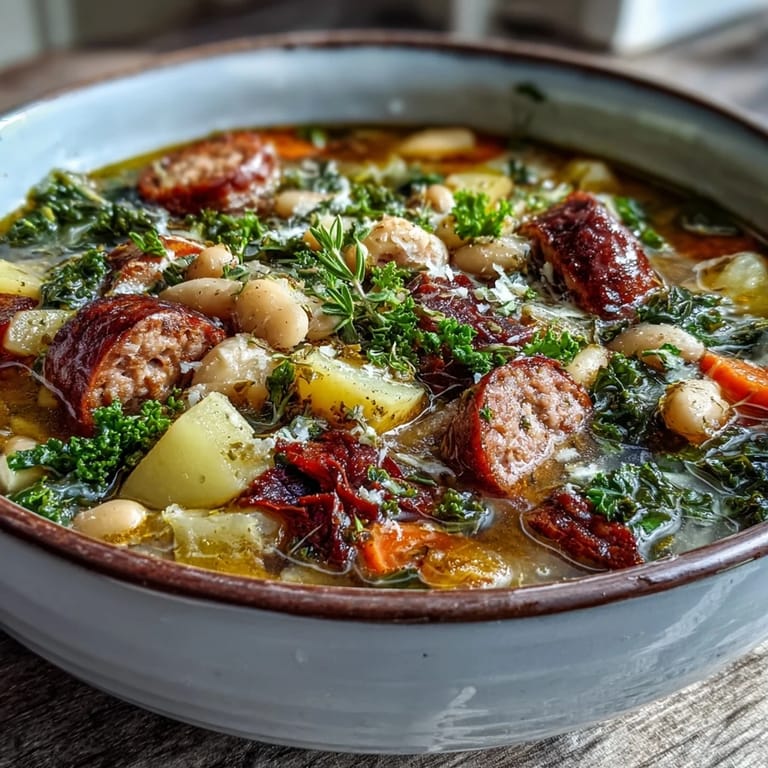 Hearty Tuscan White Bean Sausage Soup served in a rustic bowl, garnished with fresh Parmesan and a slice of crusty bread.