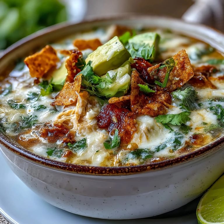 A bowl of Creamy Chicken Tortilla Soup with creamy avocado, lime wedges, and spicy peppers.