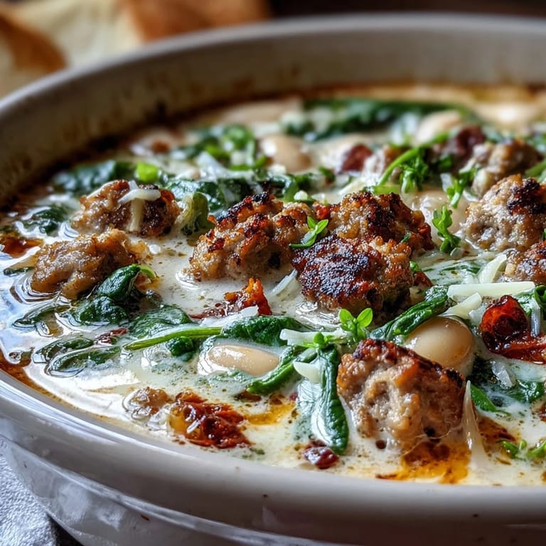 A cozy bowl of Creamy Tuscan White Bean Soup with Sausage, featuring tender beans, wilted spinach, and a rich, creamy broth.