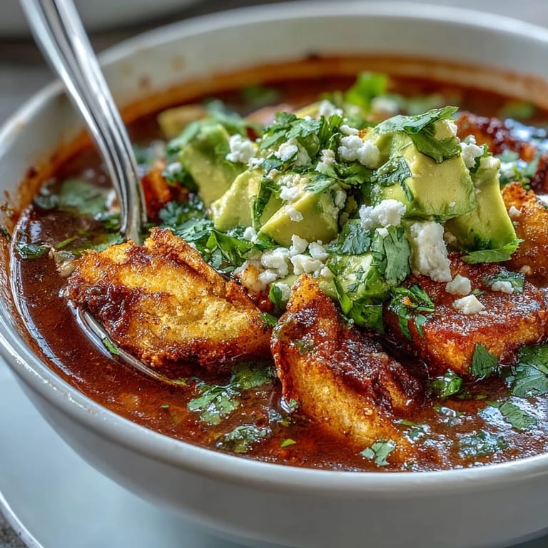 Smoky tomato-chile Sopa Azteca topped with diced avocado, panela cheese, and lime wedges for squeezing.