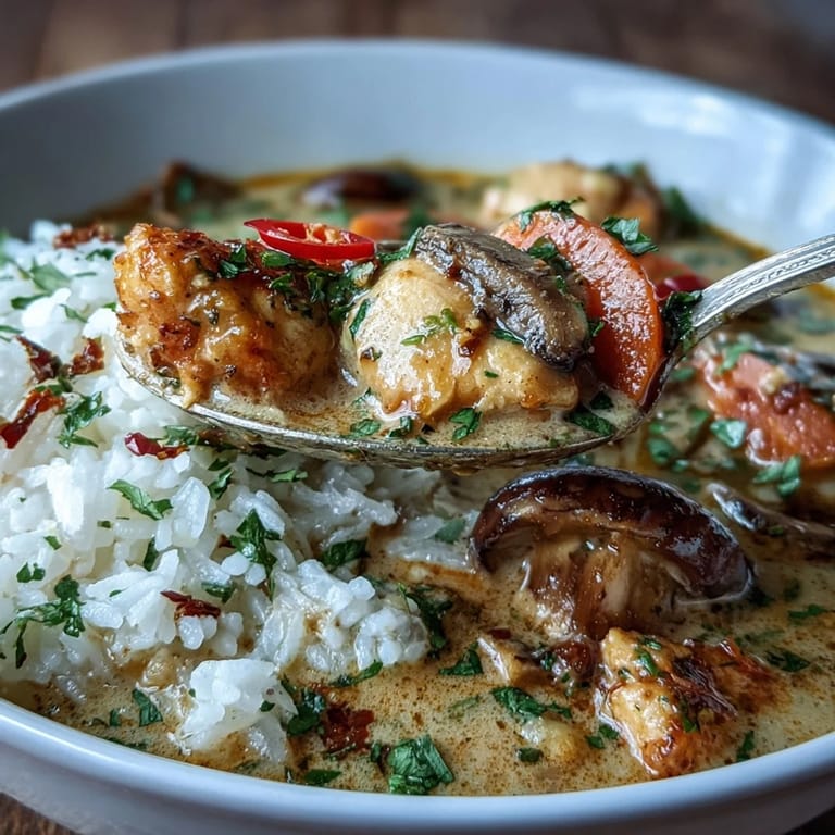 Close-up of Thai Coconut Curry Soup with jasmine rice, revealing creamy coconut milk broth and colorful vegetables in a cozy setting.