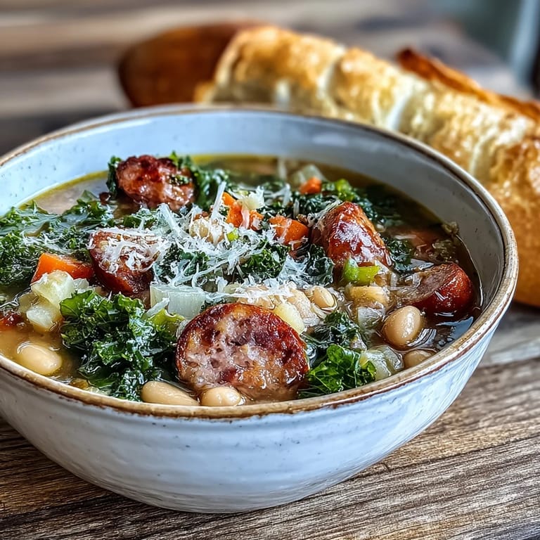 Steaming Italian White Bean Soup with Kale and Sausage topped with Parmesan and served with crusty bread on a wooden table.