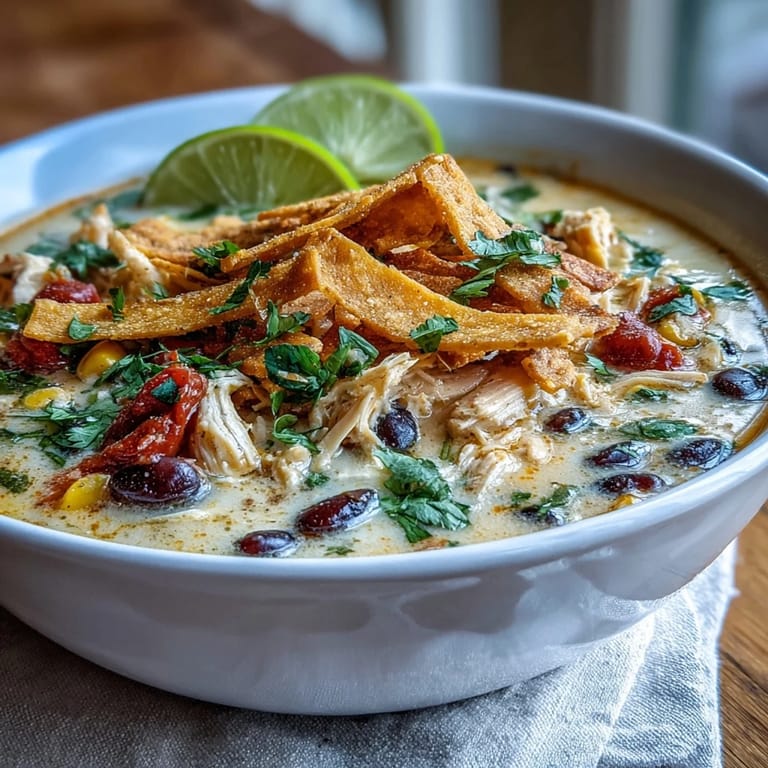Vibrant Tex-Mex Easy Chicken Tortilla Soup served with lime wedges, diced onions, and a dollop of sour cream.