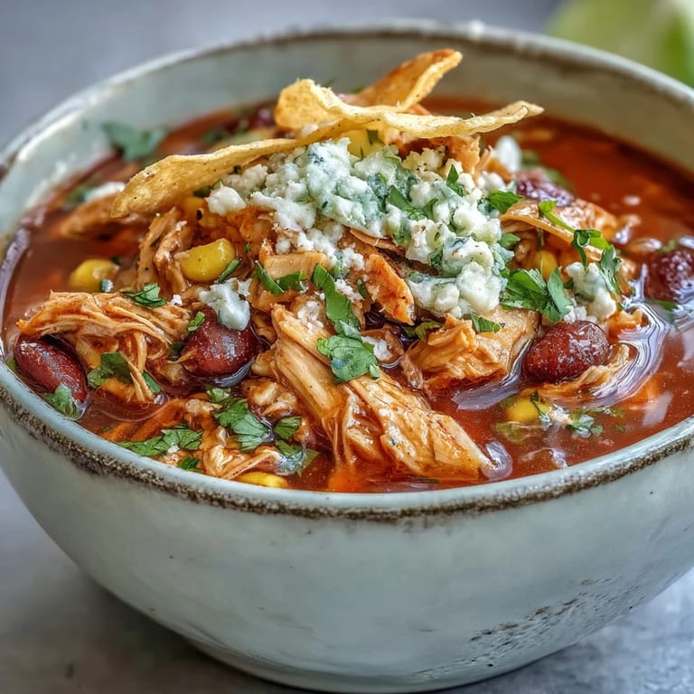 Hearty Chicken Tortilla Soup served with lime wedges, creamy avocado slices, and crunchy tortilla strips for a gluten-free Mexican dinner.