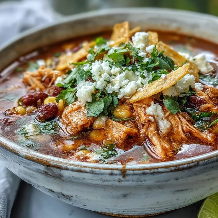 A ladle of rich Chicken Tortilla Soup with tender shredded chicken, pinto beans, and colorful peppers, garnished with fresh cilantro.