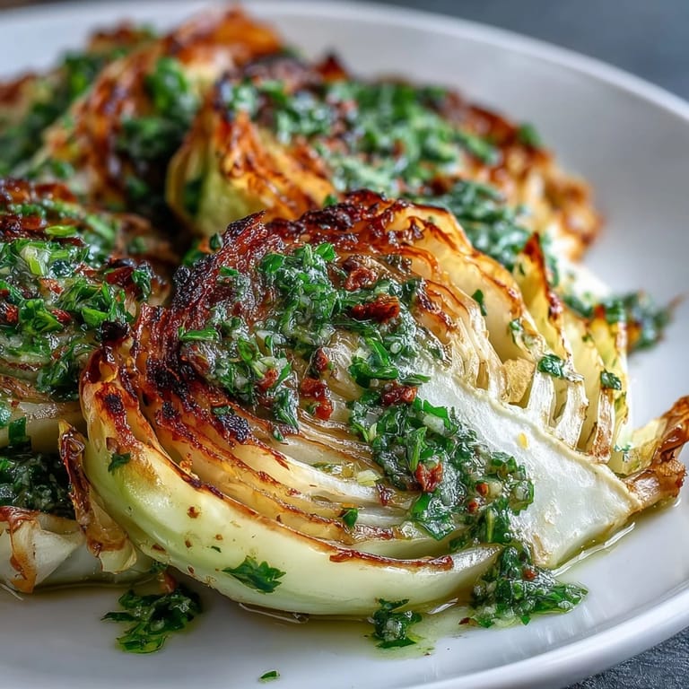 Oven-roasted cabbage steaks with herbaceous jalapeño chimichurri, garnished with fresh parsley for a bold flavor.