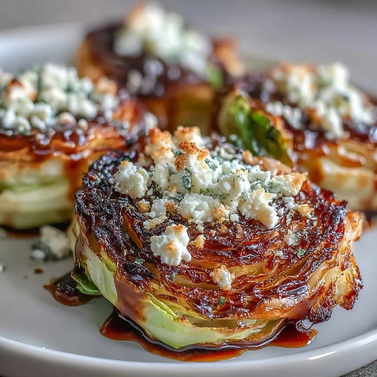Four thick Crispy Cabbage Steaks With Feta and Balsamic served warm on a platter.