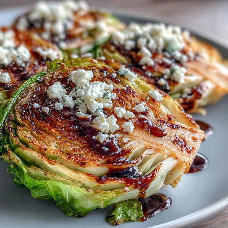 Bite of a Crispy Cabbage Steaks With Feta and Balsamic showing charred edges and creamy feta.