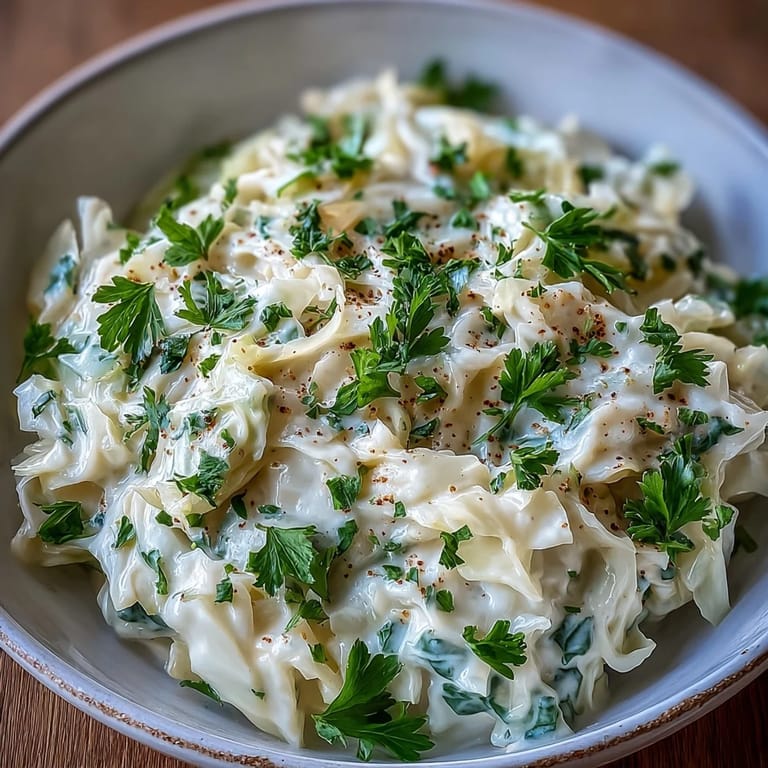 Spoonful of homemade Creamed Cabbage, featuring wilted greens in a rich, buttery sauce, ready to serve for dinner.