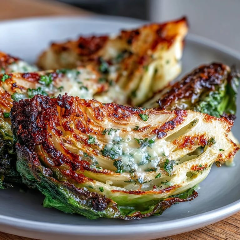 Roasted Garlic Parmesan Cabbage Wedges plated alongside grilled chicken, their golden, cheesy crust steaming with aromatic garlic.