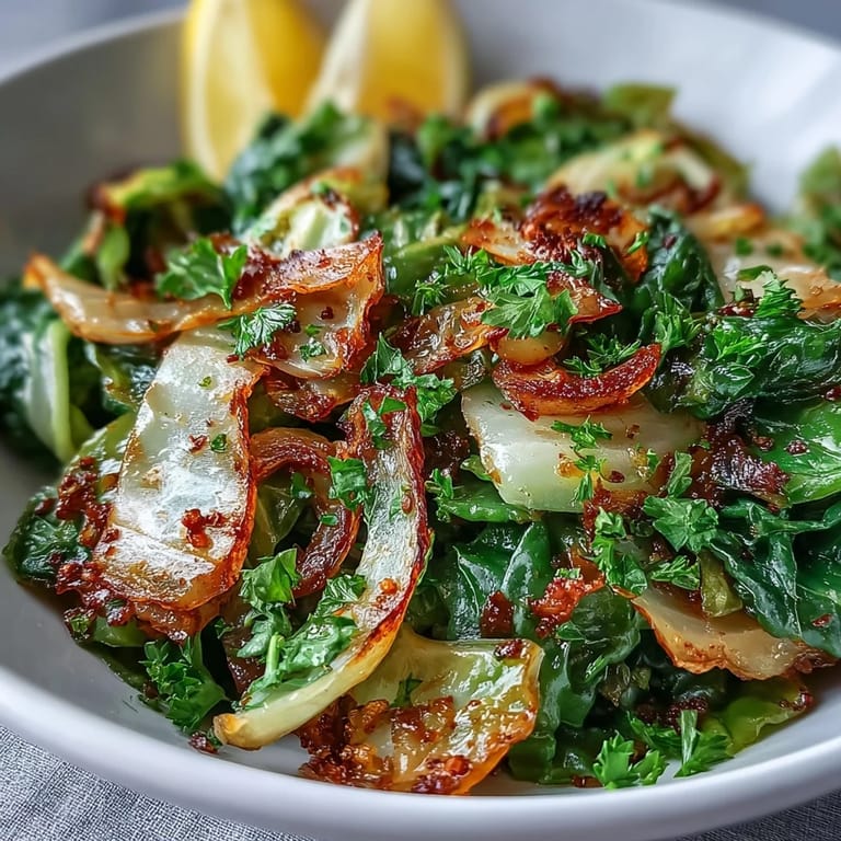Colorful Mediterranean cabbage dish with garlic and spices served with lemon wedges on a rustic wooden table. 