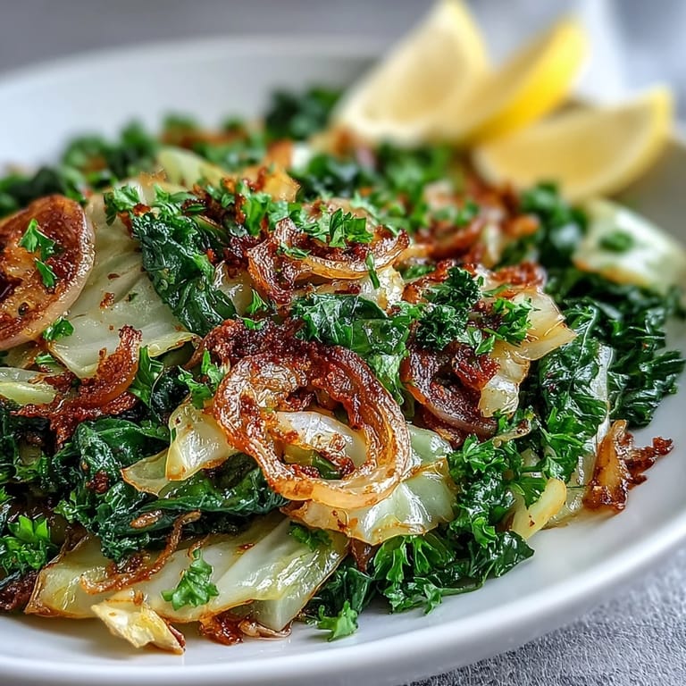 Tender green and red onion sauté with garlic and Mediterranean spices, garnished with fresh parsley for a vegan side.