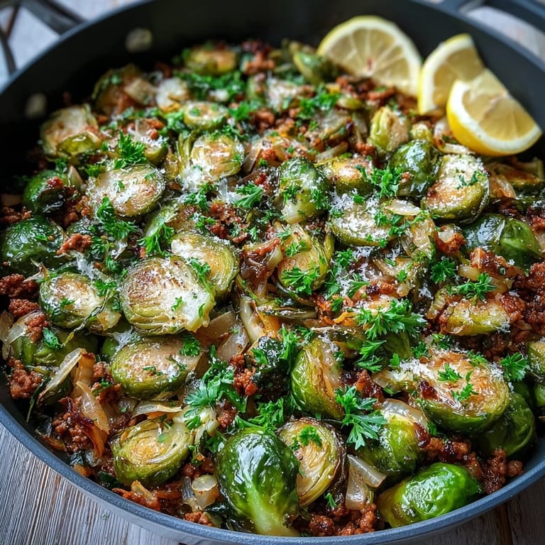 A close-up of a Brussels sprouts and ground turkey skillet shows crispy edges, flecked with paprika and a bright squeeze of lemon.