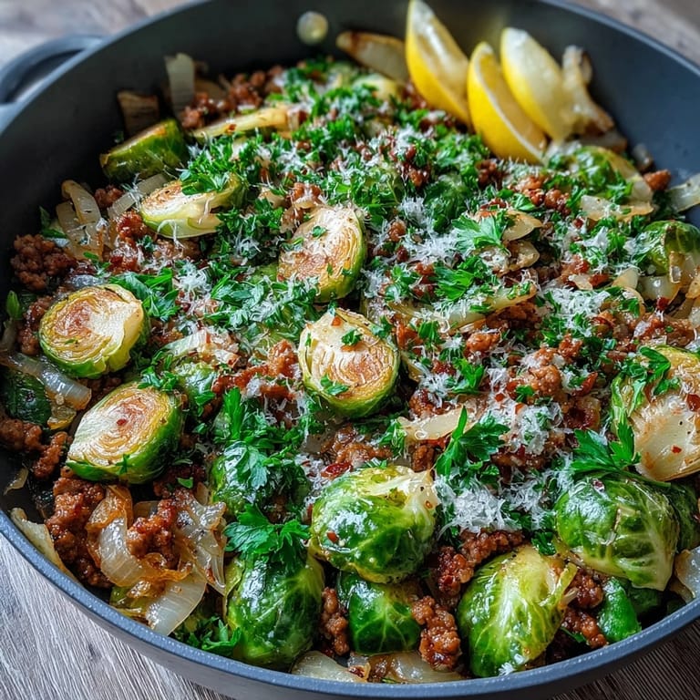 Tasty one-pan dinner featuring sautéed Brussels sprouts and lean ground turkey, finished with Parmesan, ready for a wholesome weeknight meal.