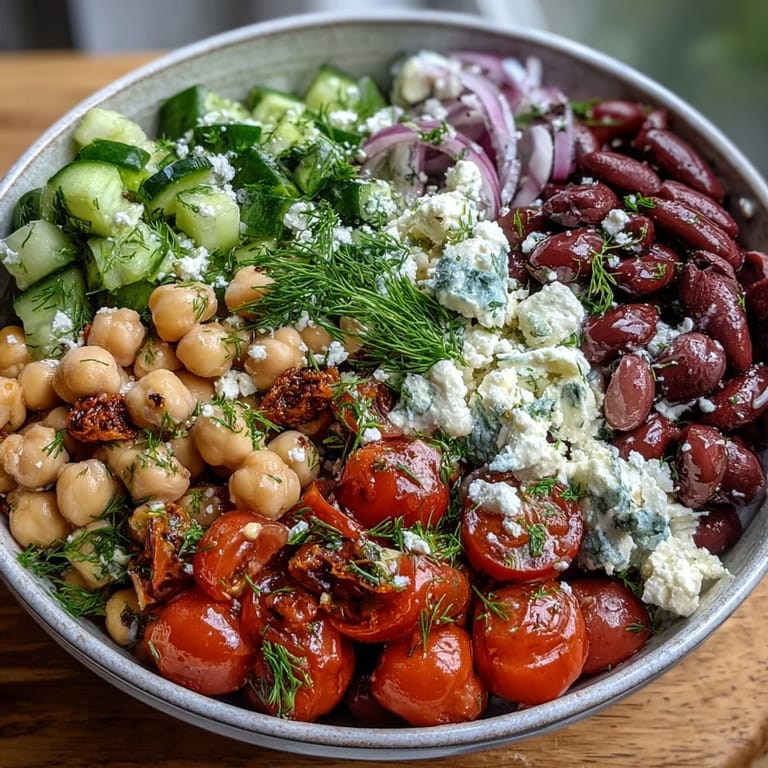 Close-up of Greek Bean Salad with glistening lemon-oregano beans, fresh dill, and red onion slices, ready to enjoy as a gluten-free meal.