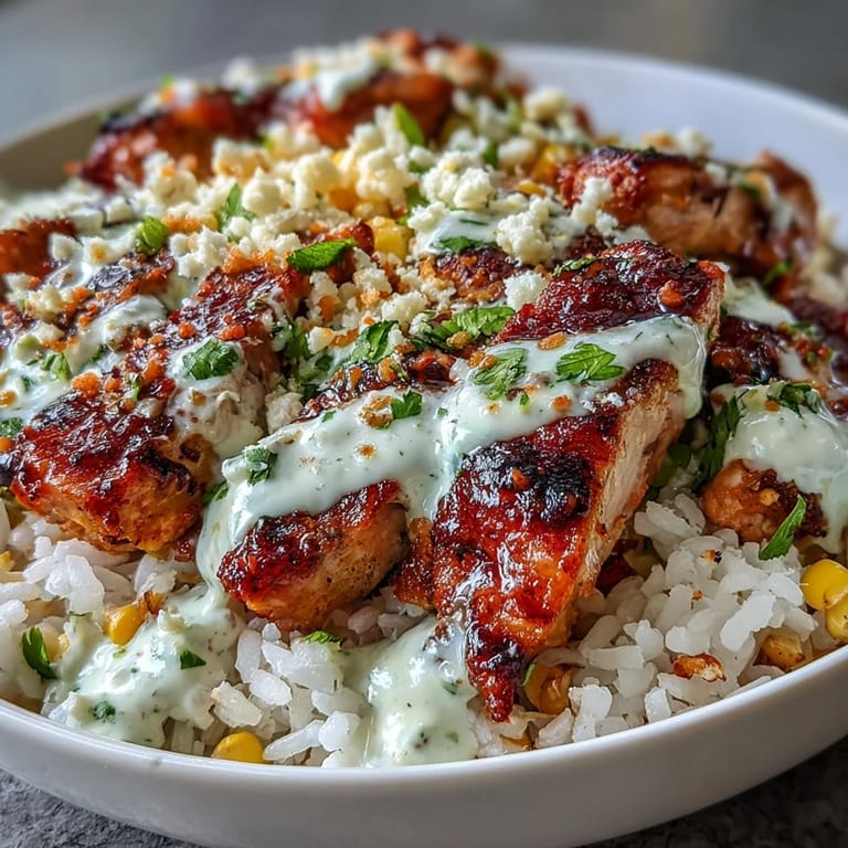 Golden-brown grilled chicken thighs sit atop fluffy white rice next to smoky charred corn in a colorful dinner bowl.