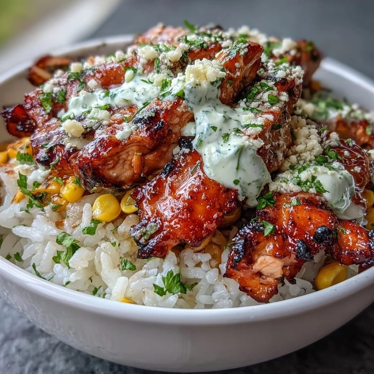 A close-up shows Street Corn Chicken and Rice Bowls garnished with cilantro, cotija, and lime wedges on a rustic table.