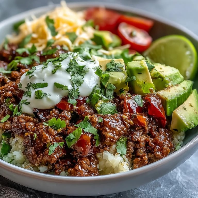 A Low Carb Burrito Bowl features juicy ground beef, fluffy cauliflower rice, tomatoes, cheddar, sour cream, and fresh cilantro garnish.