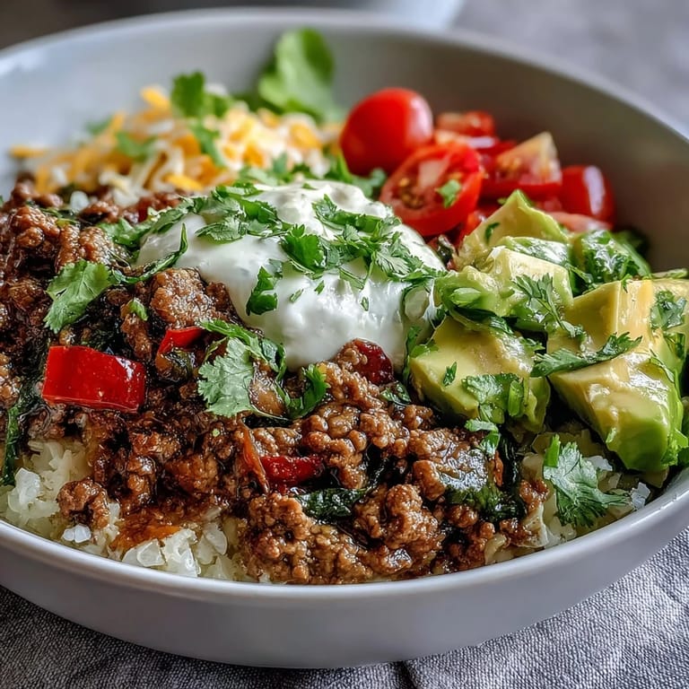 Assembled Low Carb Burrito Bowl with seasoned ground beef, cauliflower rice, lettuce, avocado, and cheddar, served with lime wedges.