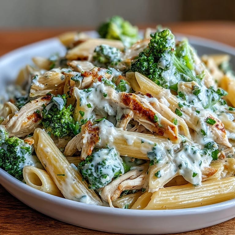 Fork-ready bowl of High Protein Rotisserie Chicken Broccoli Pasta featuring bright broccoli florets and juicy chicken.
