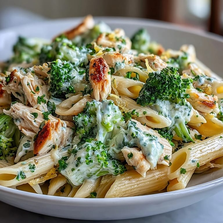 Skillet of High Protein Rotisserie Chicken Broccoli Pasta topped with extra Parmesan, ready for a family dinner.