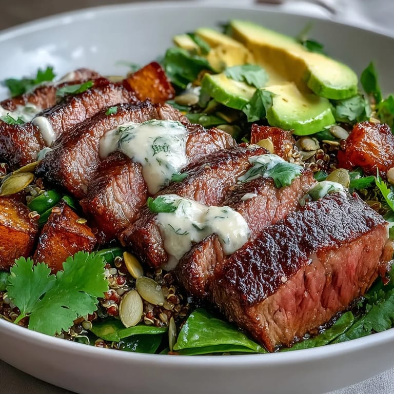 Sliced flank steak and caramelized squash garnish these hearty Butternut Squash Steak Bowls with pepitas.