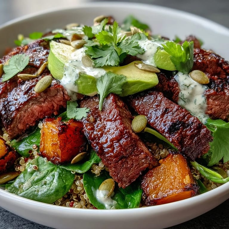 A close view of fresh Butternut Squash Steak Bowls topped with avocado, red onion, and cilantro.