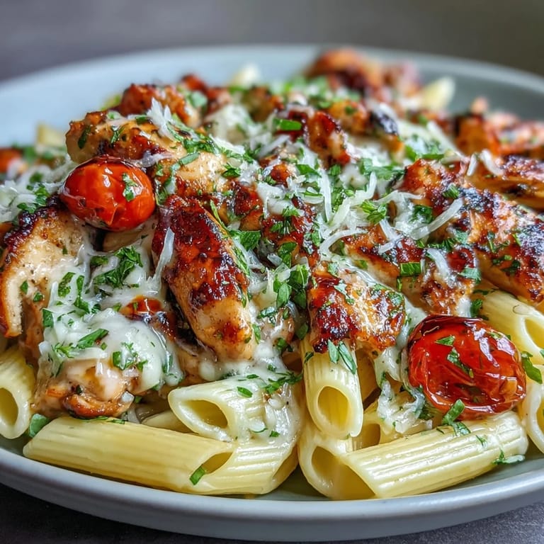 A fork twirls penne pasta coated in balsamic and olive oil, alongside tender chicken and colorful cherry tomatoes in this Bruschetta Chicken Pasta.