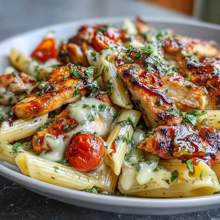 Serve this family-style Bruschetta Chicken Pasta in a large bowl, topped with extra Parmesan and fresh herbs for a comforting dinner.