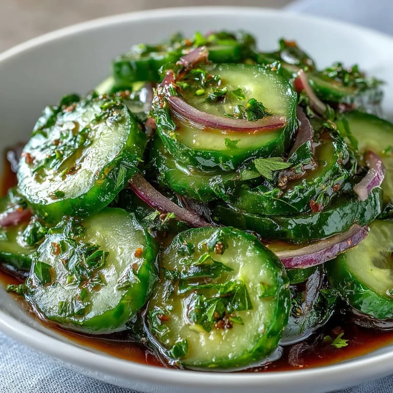 Plated Refreshing Crunchy Cucumber Salad garnished with sesame seeds, served beside grilled chicken for a quick summer lunch.