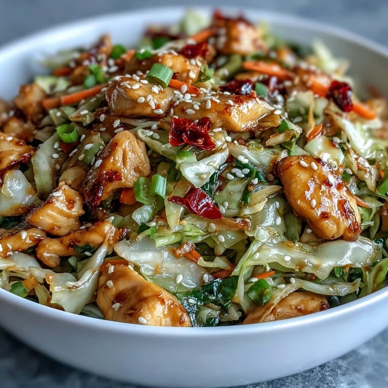 A close-up of Egg Roll Bowls with Chicken and Cabbage, featuring tender chicken in a savory soy-sesame glaze.