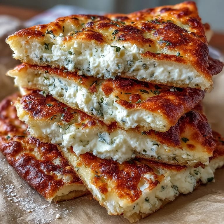 A warm Fluffy Cottage Cheese Flatbread rests on a wooden board, soft and tender with hints of garlic and fresh herbs visible.