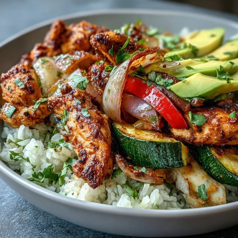 The finished Sheet Pan Fajita Bowl includes tender roasted chicken and colorful peppers served over fluffy white rice.