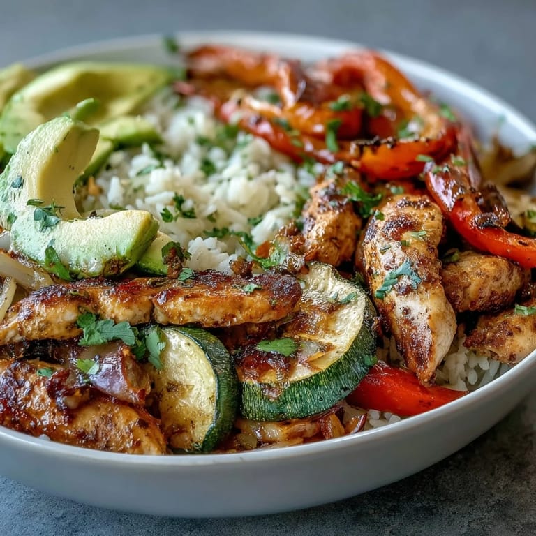 A close-up of the Sheet Pan Fajita Bowl featuring charred vegetables and a dollop of sour cream for a Tex-Mex meal.