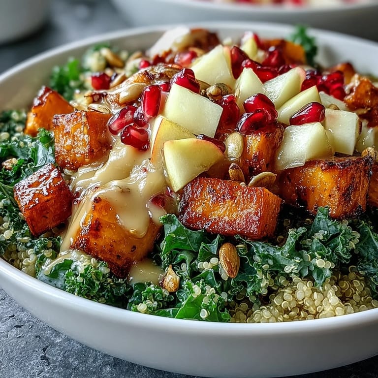 Close-up of a fresh Kale Harvest Grain Bowl with crisp apples and a tangy vinaigrette.