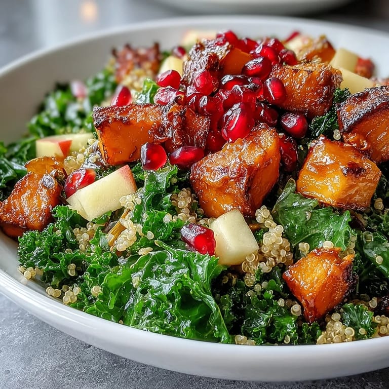 Massaged kale, fluffy quinoa, and roasted sweet potatoes in a hearty Kale Harvest Grain Bowl.