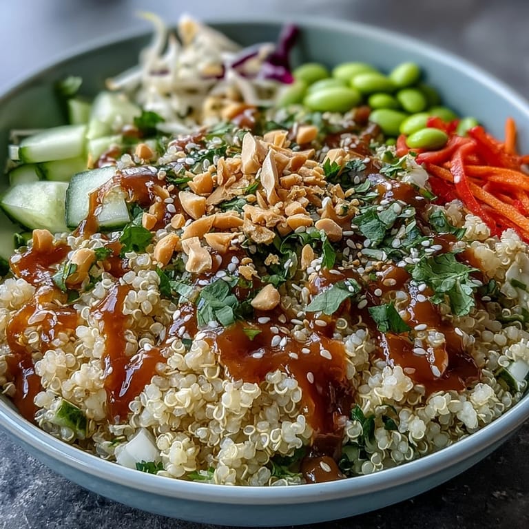 Spoon-ready Thai Coconut Quinoa Bowl garnished with fresh cilantro and sesame seeds on a plate.