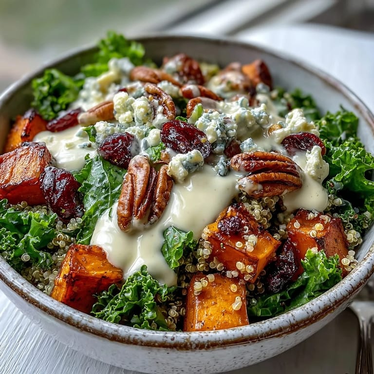 A vibrant Harvest Kale Quinoa Bowl featuring massaged kale, tangy blue cheese crumbles, and a creamy lemon tahini drizzle.