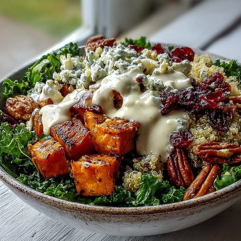 Colorful autumn ingredients in a vegetarian Harvest Kale Quinoa Bowl ready for a healthy weeknight dinner for four.