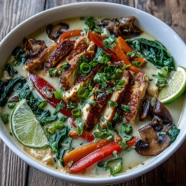 Steaming Thai Coconut Curry Soup Bowl garnished with carrots, spinach, and spring onions ready to serve.