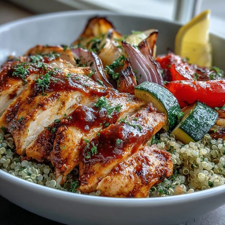 Golden-brown paprika herb chicken rests on a bed of red quinoa, next to colorful roasted vegetables and a generous drizzle of rose harissa sauce.